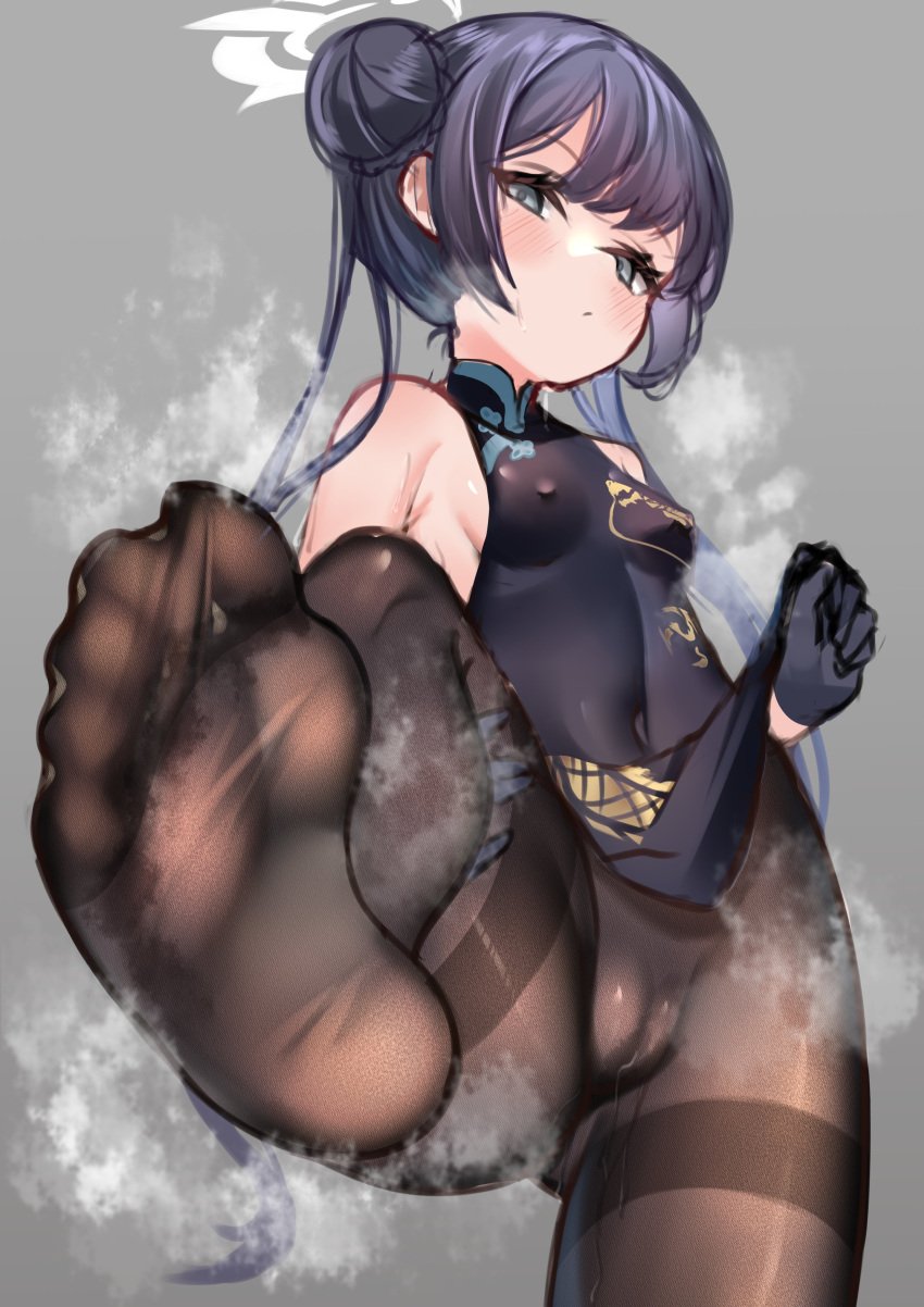 absurdres black_dress black_pantyhose blue_archive blue_gloves blue_hair blush breasts clothes_lift covered_navel covered_nipples dot_nose dress expressionless feet female foot_focus from_below gloves grey_background grey_eyes hair_bun halo highres leg_up long_hair looking_at_viewer mashiropp pantyhose pelvic_curtain pelvic_curtain_lift pussy_juice pussy_juice_drip_through_clothes simple_background sleeveless sleeveless_dress small_breasts soles steam steaming_body sweat toes white_halo