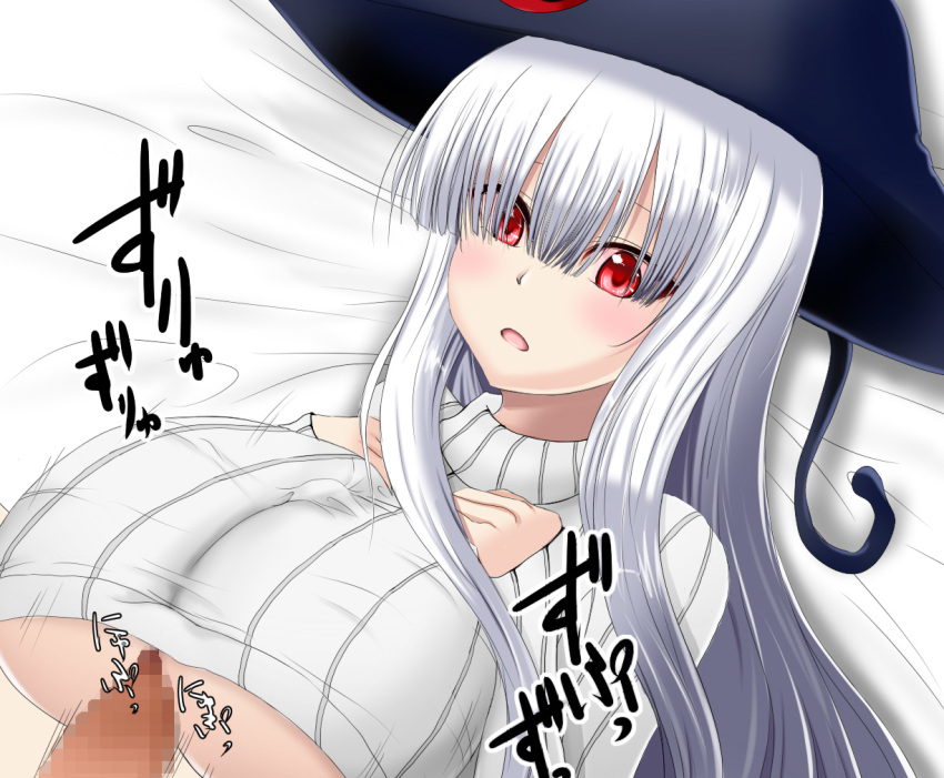 bangs blunt_bangs blush breasts censored clothes_lift evo_grim female grim_malariya hair_over_eyes hands_on_own_chest hat large_breasts long_hair mosaic_censoring open_mouth paizuri paizuri_under_clothes penis quiz_magic_academy red_eyes ribbed_sweater solo_focus sweater sweater_lift tsukudani_shirou turtleneck turtleneck_sweater underboob upper_body white_hair witch_hat