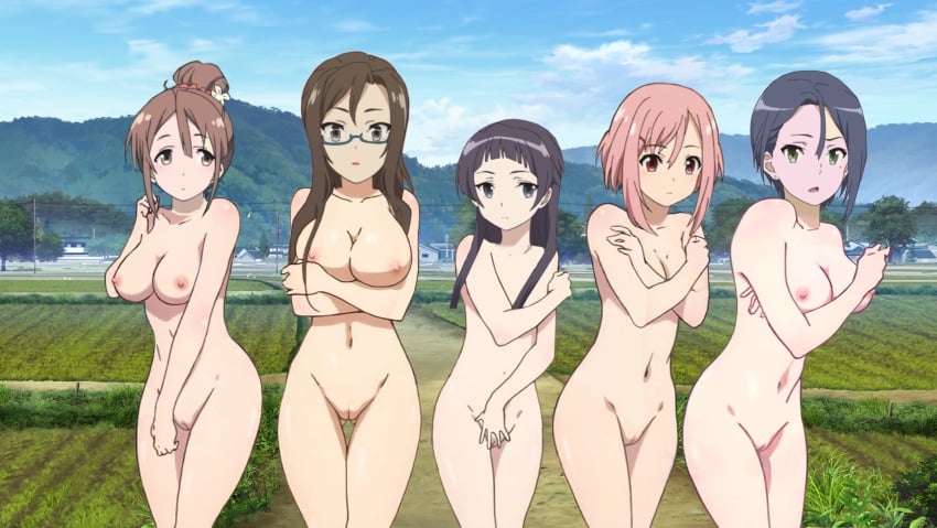 5girls blush breasts female glasses koharu_yoshino kouzuki_sanae long_hair looking_at_viewer midorikawa_maki multiple_girls navel nipples oribe_ririko outdoors presenting sakura_quest shinomiya_shiori wampik