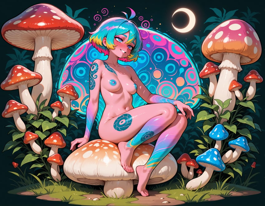 ai_generated alcohol alcohol_bottle cool_free_ringtones drug_use drunk drunk_bubble feet girl moon mushrooms night nude_female psychedelic psychedelic_background tagme tattoos vibrant_colors