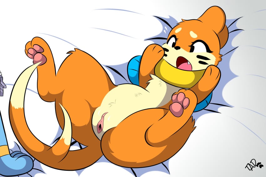 3:2 ambiguous_gender bed buizel cross duo female female/ambiguous feral furniture generation_4_pokemon genitals hi_res male_(lore) nintendo pawpads paws pokemon pokemon_(species) presenting presenting_pussy pussy shinx tad_(thataveragedude) thataveragedude