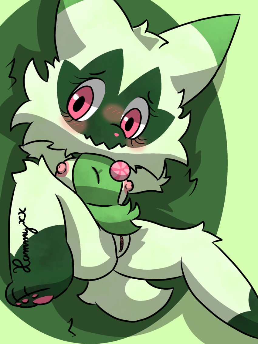 2025 3:4 anthro ass blush breasts countershading digital_media_(artwork) female floragato fur generation_9_pokemon genitals green_body green_fur hands_behind_head hi_res lying markings nintendo nipples nude nude_anthro nude_female on_back paws pink_eyes pink_nose pokemon pokemon_(species) pussy signature watermark xammyxx