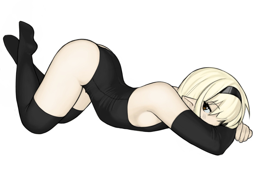 1girls ass ass_up black_leotard blonde_hair brown_eyes detached_sleeves female female_only hairband hira_(yirtios) pointy_ears thighhighs top-down_bottom-up white_background yirtios