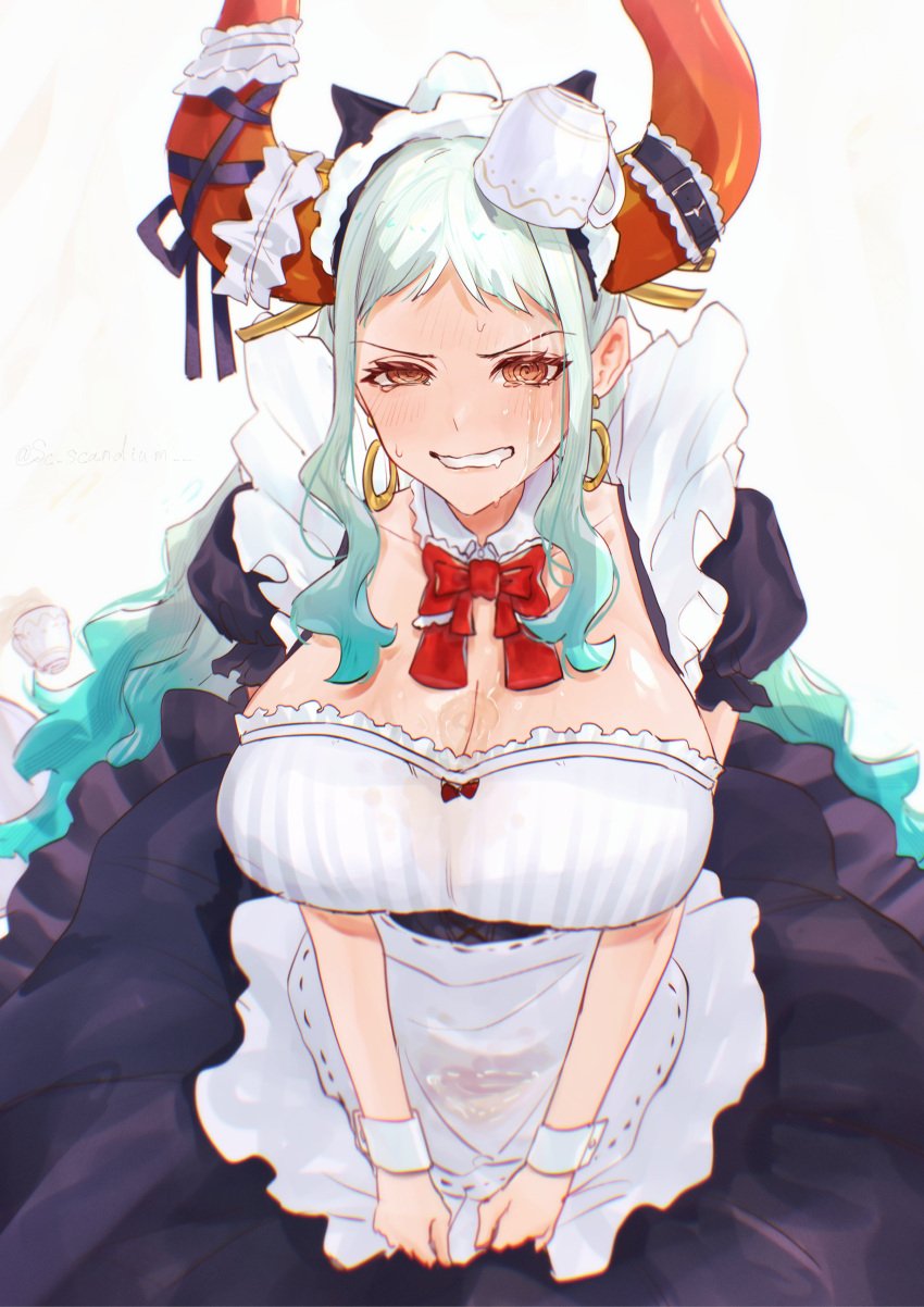 1girls @_@ artist_name big_breasts blush breasts cleavage cuffs_(clothing) detached_cuffs earrings female female_focus female_only horns huge_breasts large_breasts light-skinned_female light_skin liquid_on_breast long_hair maid maid_apron maid_headdress maid_uniform one_piece red_eyes sc_scandium simple_background solo spilled_drink swirly_eyes teacup v_arms white_background white_hair yamato_(one_piece)