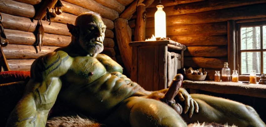 3d ai_generated bara big_muscle big_penis erection green_skin huge_cock male muscular muscular_male orc orc_male orced penis