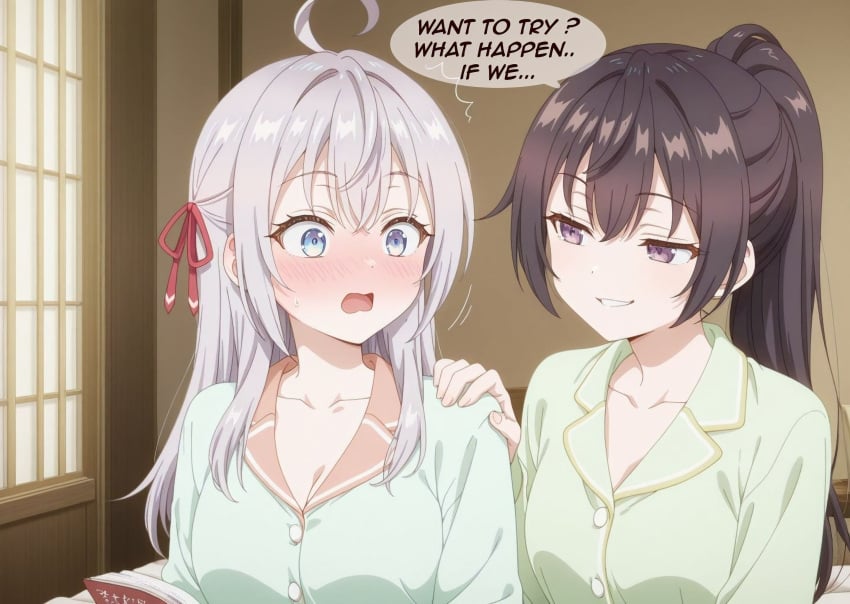 2girls ai_generated alisa_mikhailovna_kujou english_text female female_only russian suou_yuki text tokidoki_bosotto_russian_de_dereru_tonari_no_alya-san yuri yuri