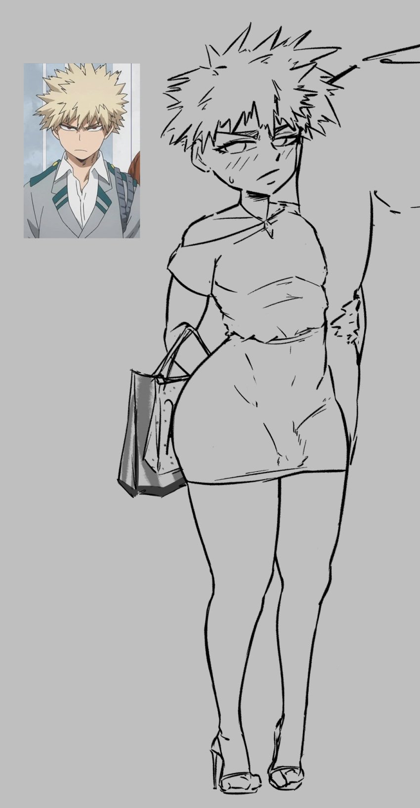 1boy 1femboy annoyed annoyed_expression bakugou_katsuki boku_no_hero_academia embarrassed femboy heels high_heels holding_another holding_arm jeteggs jewelry katsuki_bakugou my_hero_academia shopping shopping_bag sketch skirt sweatdrop