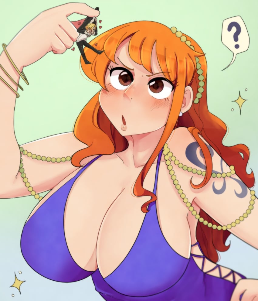 1boy 1girls 2d :o blonde_hair blush bracelet brown_eyes cleavage clothed_female clothed_male color confused_look dress earrings egg giantess hand_on_hip large_breasts larger_female nami one_piece open_mouth orange_hair pearls shonen_jump size_difference smaller_male sparkles tattoo tattoo_on_arm vinsmoke_sanji