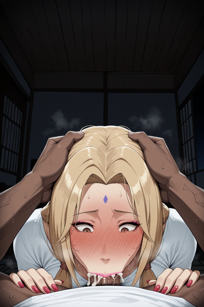 1boy 1girls ai_generated bedroom blonde_hair blush brown_eyes cum_in_mouth dark-skinned_male deepthroat female full-face_blush hand_on_another&#039;s_head indoors large_breasts large_penis male mature mature_female naruto naruto_(series) naruto_shippuden naughty_face night nude penis phantom-art room t-shirt tsunade twin_braids