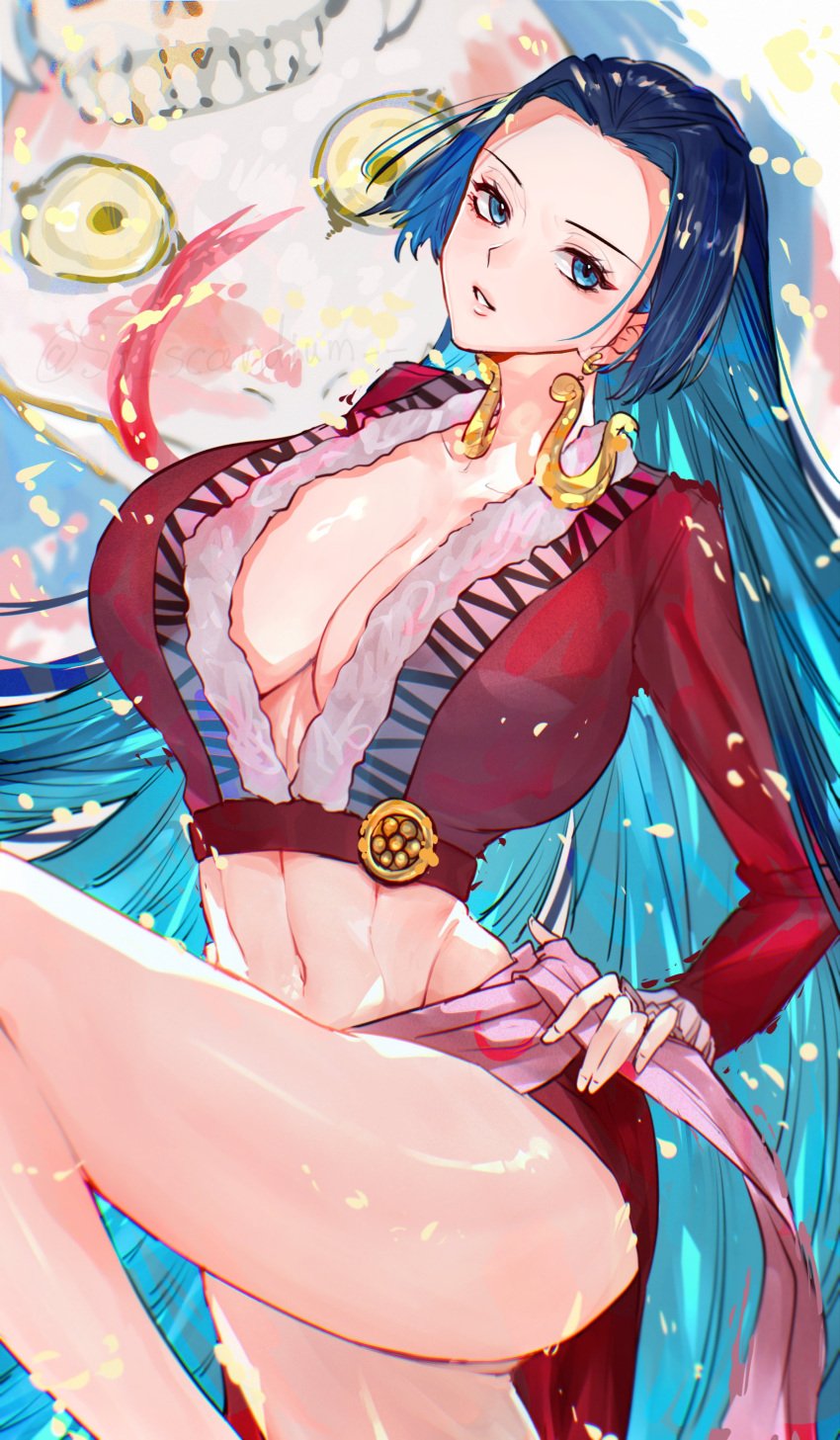 1girls artist_name big_breasts black_hair blue_eyes blue_hair boa_hancock breasts cleavage clothed clothing curvaceous curvy curvy_female curvy_figure earrings female female_focus female_only fit fit_female hand_on_hip hourglass_figure huge_breasts large_breasts light-skinned_female light_skin looking_at_viewer midriff navel one_leg_up one_piece salome_(one_piece) sc_scandium slim_waist snake_earrings solo thick_thighs thighs thin_waist wide_hips