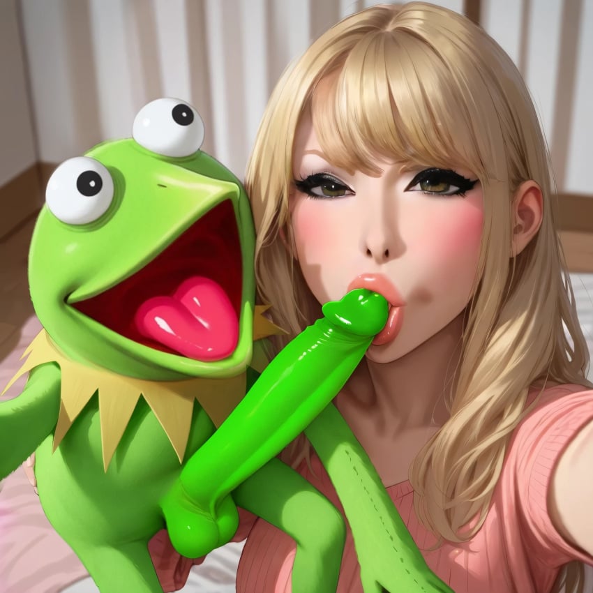 ai_generated blonde_female blonde_hair blowjob blowjob_face funny green_body green_skin hilarious japanese_female kermit_the_frog lipstick_mark lipstick_on_penis puppet selfie selfie_pose tagme