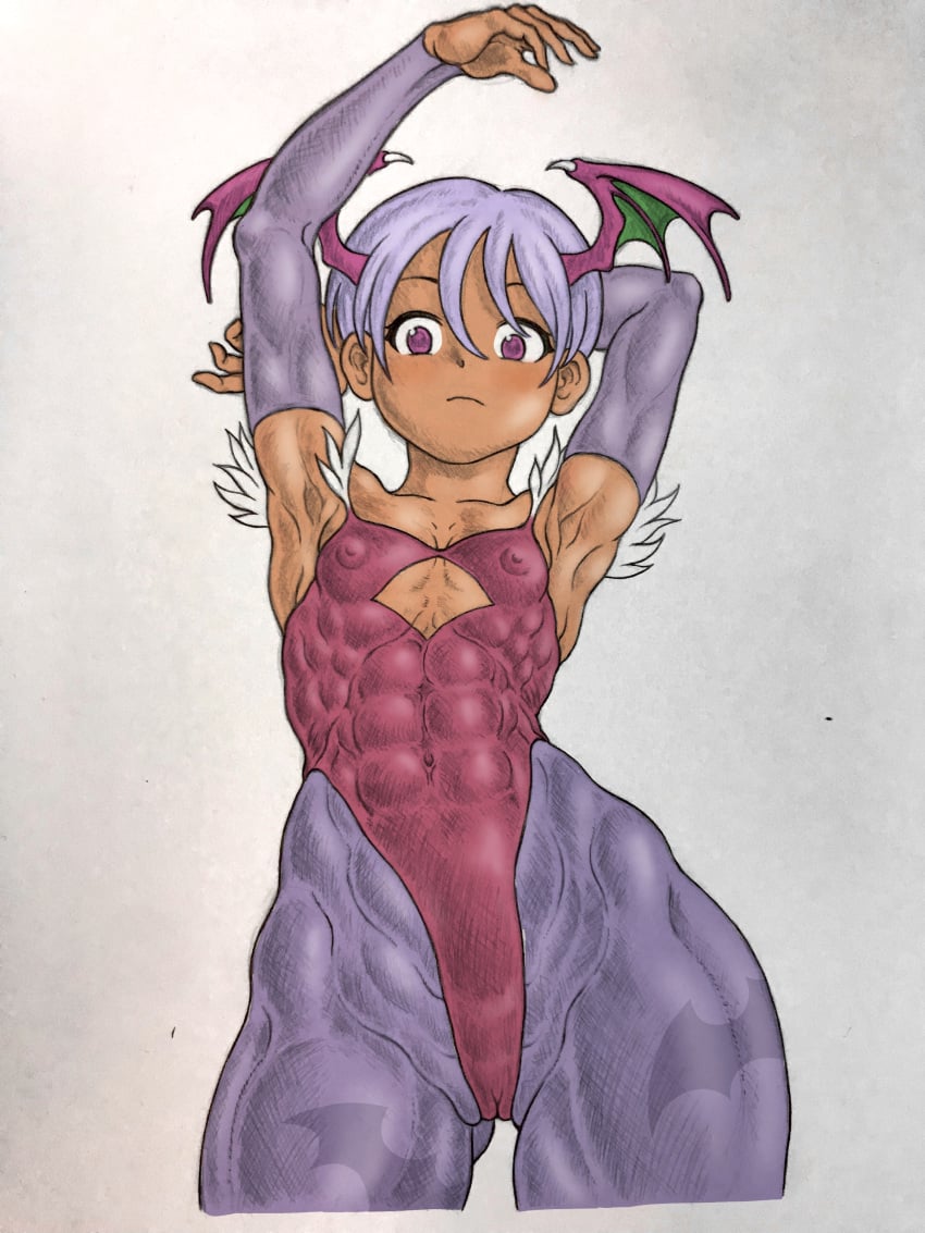 1girls abrase abs cameltoe capcom darkstalkers detached_sleeves female leotard lilith_aensland muscular_female nipples_visible_through_clothing pantyhose petite_female purple_eyes purple_hair raised_arms short_hair small_breasts stretching succubus tan_body tanned tanned_skin traditional_media_(artwork) wings