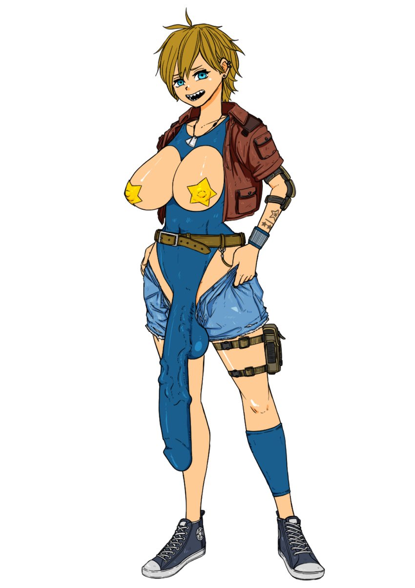 bag belt blue_eyes brown_hair crop_top elbow_pads futanari huge_balls huge_cock jacket kuchibasi2001 large_breasts leg_strap leotard long_penis necklace pasties pouch sharp_teeth shoes short_hair tattoo unbuttoned_pants