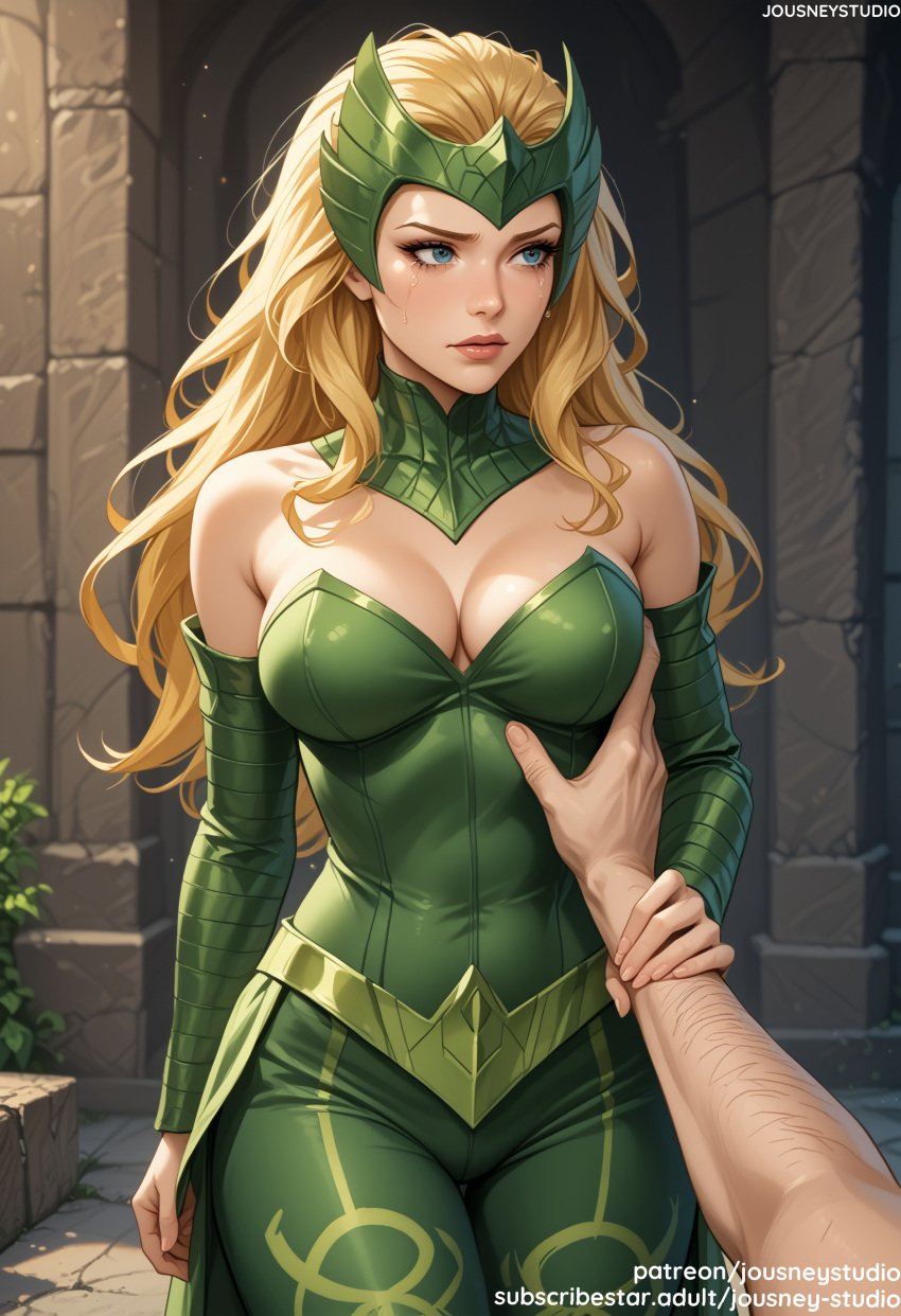 1boy ai_generated amora_the_enchantress artist_name bangs bare_shoulders blonde_hair blue_eyes blush breast_grab breasts cleavage closed_mouth clothing cowboy_shot detached_sleeves dress enchantress_(marvel) female female grabbing green_bodysuit green_dress green_eyes green_leotard green_skin guided_breast_grab guiding_hand headwear holding_another's_wrist indoors jousneystudio large_breasts lips long_hair long_sleeves looking_at_viewer looking_to_the_side male marvel marvel_comics medium_breasts out_of_frame parted_lips patreon_username pov pov_hands shiny shiny_clothes shiny_skin solo_focus standing straight superhero sweat thor_(series) watermark web_address