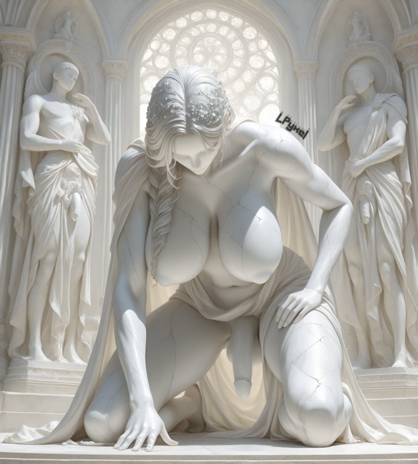 ai_generated big_breasts big_penis big_testicles bowing bowing_down curvy curvy_figure eyeless futanari hand_on_ground hand_on_thigh head_down hi_res highres kneeling lifeless lpyxel no_humans non-human on_knees one_hand_on_the_ground original sculpture self_upload statue stone_body thick_thighs watermark wide_hips