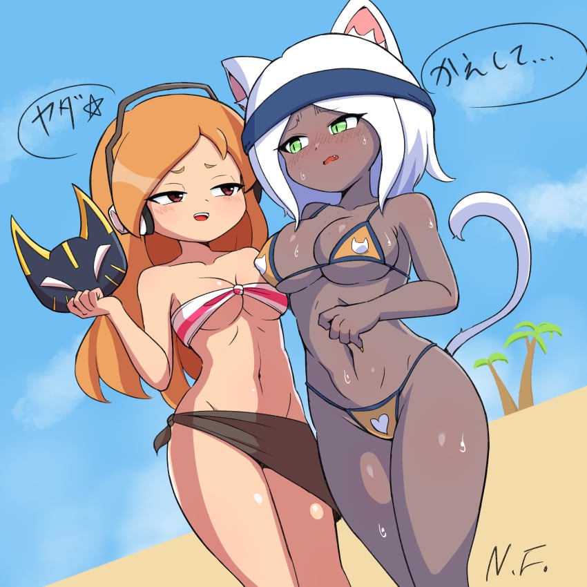 beach big_breasts bikini brown_eyes cat_ears cat_tail catgirl dark-skinned_female embarrassed embarrassed_female freckles ginger_hair green_eyes human_meggy japanese_text mask meggy_spletzer micro_bikini north_fighter orange_hair smg4 speech_bubble sunset_paradise whisk_(sunset_paradise) white_hair