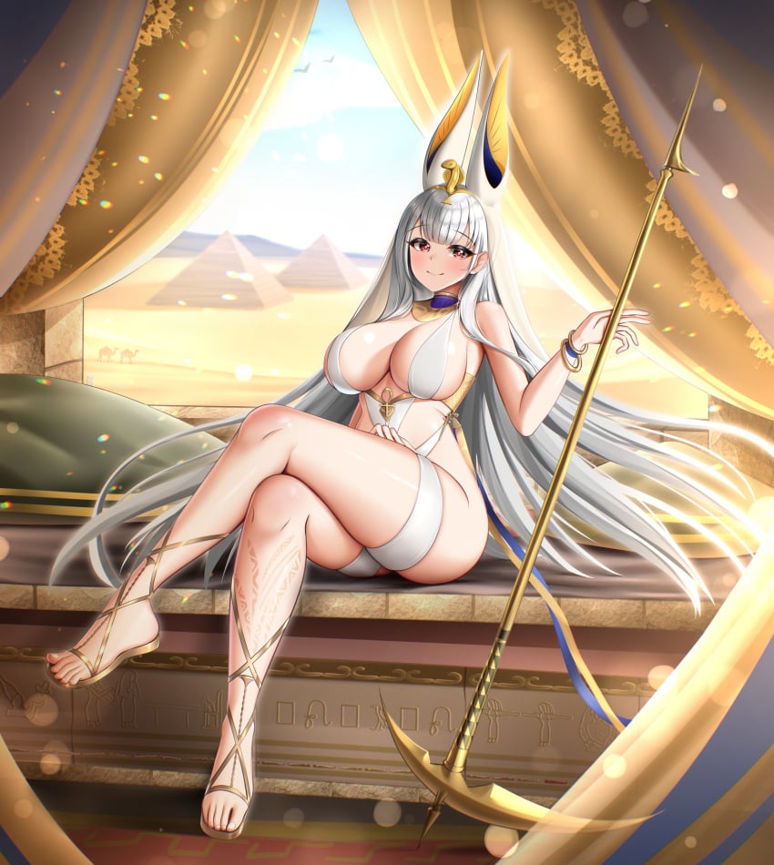 absurdres ancient_egyptian_clothes azur_lane bare_shoulders bracelet breasts cleavage female gold_bracelet highres holding holding_scythe itacho_(itasha_draws) jewelry large_breasts long_hair looking_at_viewer official_alternate_costume pyramid_(structure) red_eyes revealing_clothes scylla_(a_maid's_judgment)_(azur_lane) scylla_(azur_lane) scythe sitting sky solo thighs usekh_collar very_long_hair weapon white_hair