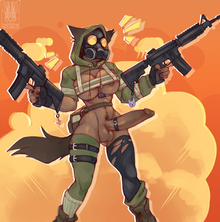 anthro assault_rifle balls breasts canid canine clothed clothing dual_wielding erection gas_mask genitals gun gynomorph hi_res holding_object holding_weapon hood_up humanoid_genitalia humanoid_penis intersex m4 mammal mask penis pixelflare ranged_weapon rifle skimpy solo standing weapon