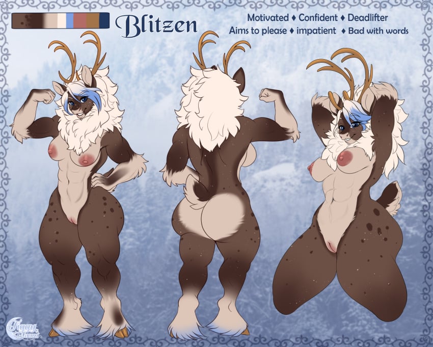 anthro antlers arm_tuft ass big_butt blue_eyes blue_hair brown_antlers brown_body brown_fur deer elbow_tuft english_text female front_view fur genitals glistening glistening_eyes hair hand_on_hip hi_res horn humanoid_genitalia humanoid_pussy looking_at_viewer mammal multicolored_hair muscular muscular_anthro muscular_female navel nipples nude pose pussy rear_view red_nipples solo standing text tiggybloom tuft two_tone_hair white_body white_fur white_hair