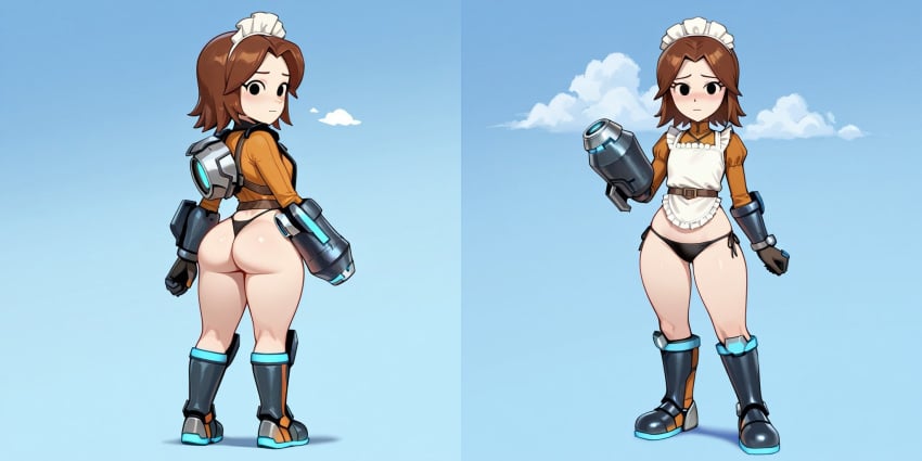 ai ai_generated ass background black_eyes blush butt cloud d3rmal edit from_behind from_front_position gear looking_at_viewer maid_uniform mii mii_gunner mii_gunner_(smash_4) nintendo sky super_smash_bros. tagme