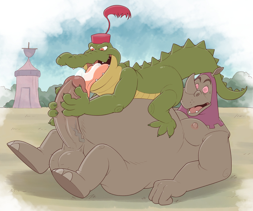 2boys 69_position absurd_res anti_dev balls captain_crocodile crocodile crocodilian cum cum_in_mouth cum_inside disney duo gay hi_res humanoid_penis male male_only males_only mammal oral overweight penis reptile rhino_guard rhinoceros robin_hood_(disney) scalie sex yaoi