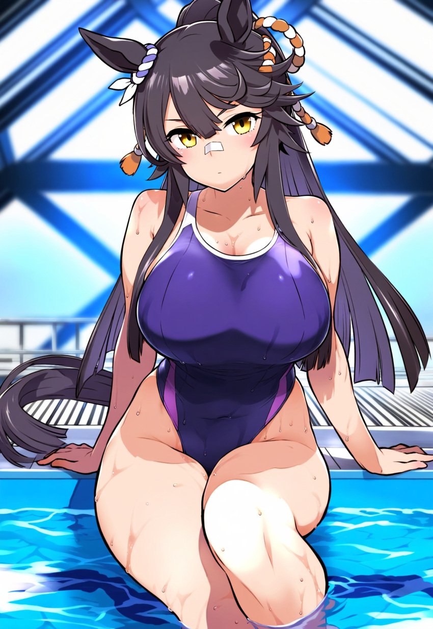 ai_generated animal_ears breasts female horse_girl long_hair looking narita_brian_(umamusume) ponytail pool school_swimsuit shimenawa swimsuit umamusume umamusume_pretty_derby yellow_eyes