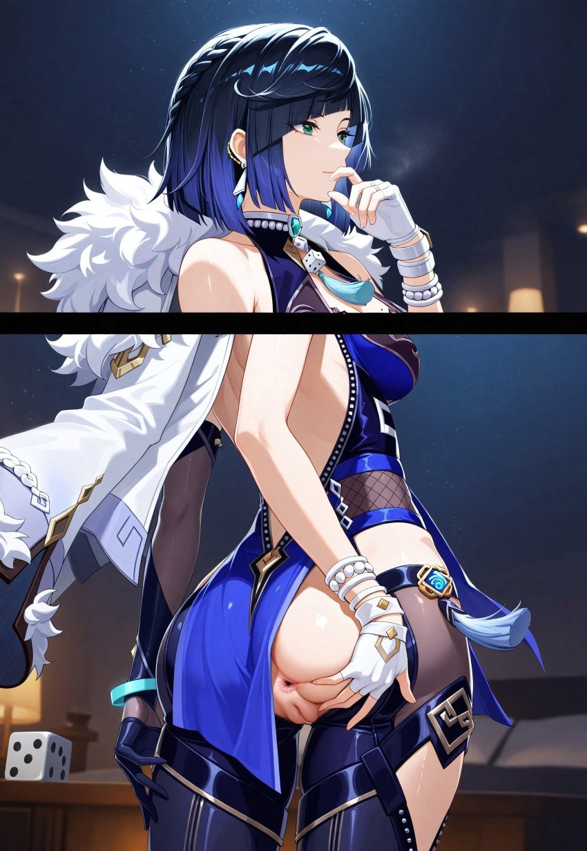 1girls ai_generated bedroom black_gloves black_hair blue_dress blue_hair bracelet dice genshin_impact green_eyes necklace scratch_and_sniff scratching_butt smile sniffing_anus sniffing_ass sniffing_fingers touching_anus white_gloves yelan_(genshin_impact)