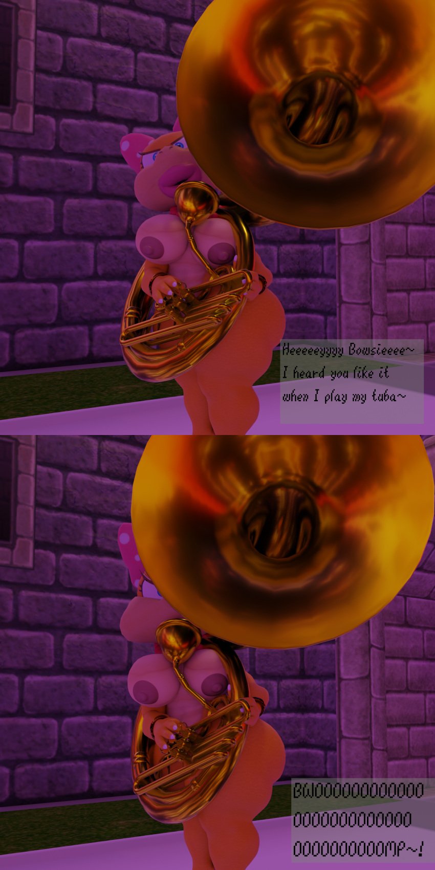 1girls 3d big_breasts big_lips blender blender_(software) blue_eyes bow brass_instrument dld493v2 english_text female huge_lips koopaling mario_(series) nintendo nipples non-mammal_breasts pearl_necklace playing_instrument puffed_cheeks self_upload solo sousaphone text tuba weird wendy_o._koopa yellow_body