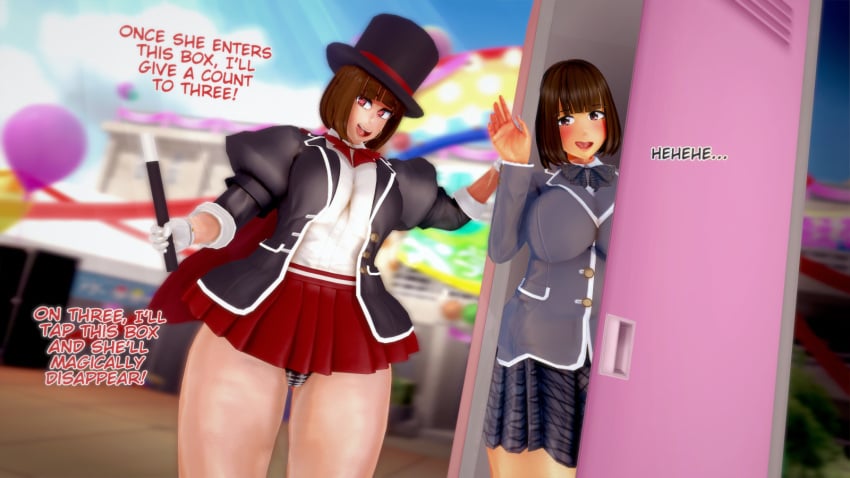 3d big_breasts cousins cousins_(lore) crossover dialogue image_set koikatsu magic_show magic_trick magic_user magical_girl magician magician_hat minami_suo_nami nisui_hyota original original_characters seifuku solas_(artist) spidey-dude text voluptuous voluptuous_female