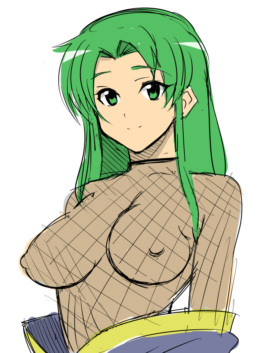 artist_request breasts female fishnets ganbare_goemon green_eyes green_hair large_breasts long_hair nipples simple_background smile solo white_background yae_(ganbare_goemon)