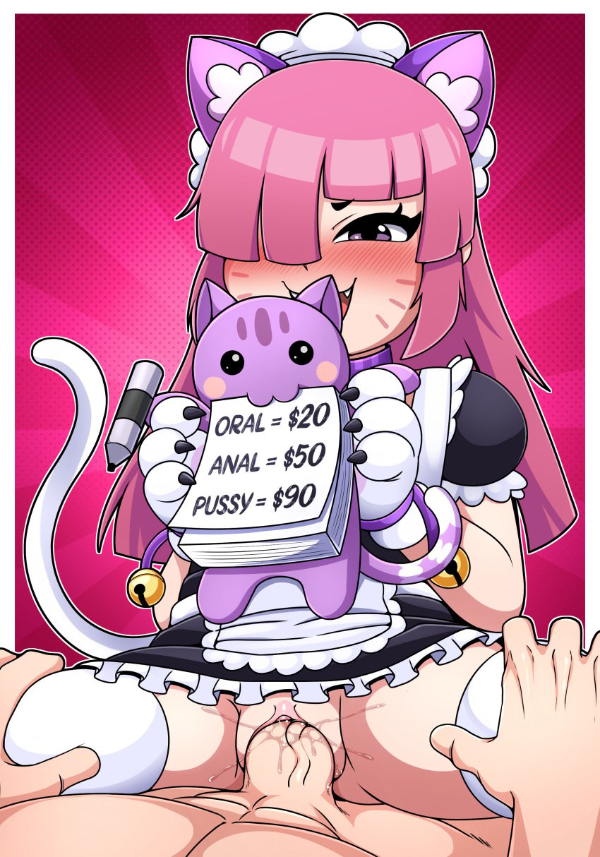 1boy 1girls abs alternate_costume apron blush bottomless brawl_stars cat_ears cat_tail clothed_sex clothing colette_(brawl_stars) english_text enmaided erection facial_mark fake_animal_ears female gi0 hair_over_one_eye high_resolution legwear maid maid_apron maid_dress maid_headdress maid_uniform male muscular_male penis pink_eyes pink_hair pinku_pawlette prostitution pussy pussy_juice sex smile straddling stuffed_animal stuffed_toy tagme text thick_thighs thighhighs thighs uncensored vaginal_penetration vaginal_penetration white_legwear