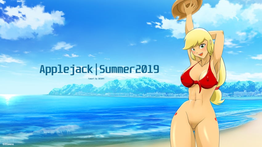 abs applejack_(eg) applejack_(mlp) beach bikini_top blonde_hair boobieboom bottomless bottomless_female breasts cowboy_hat equestria_girls erect_nipples erect_nipples_under_clothes freckles friendship_is_magic green_eyes hasbro my_little_pony pussy red_bikini red_bikini_top stetson vulva wallpaper