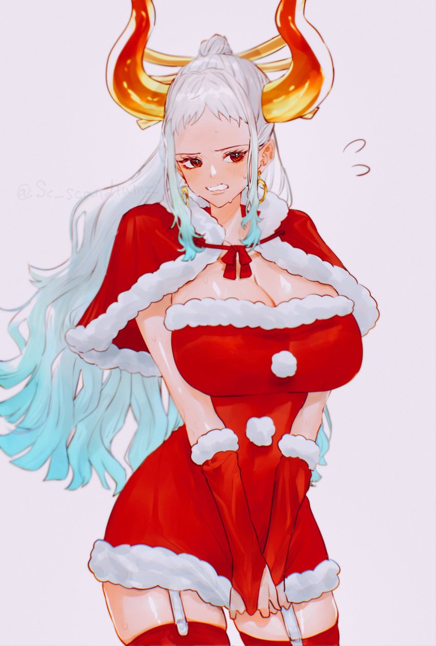 1girls artist_name big_breasts blush breasts bridal_gauntlets christmas christmas_clothing christmas_dress christmas_outfit cleavage clothed clothing curvaceous curvy curvy_female curvy_figure earrings embarrassed female female_focus female_only fit fit_female garter_straps horns hourglass_figure huge_breasts large_breasts light-skinned_female light_skin long_hair one_piece red_eyes sc_scandium simple_background slim_waist solo standing sweatdrop thick_thighs thigh_gap thighhighs thighs thin_waist v_arms white_hair wide_hips yamato_(one_piece)