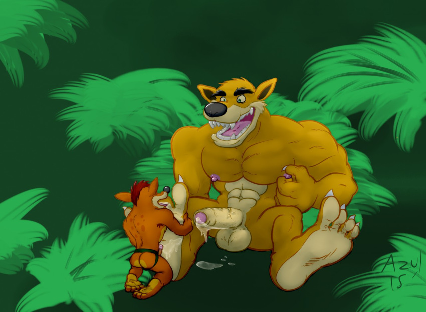 2015 2boys 4_toes anthro azul_(artist) balls bandicoot claws clothing crash_(series) crash_bandicoot erection feet foot_fetish foot_lick foot_worship foreskin fur gay humanoid_penis jockstrap licking male male_only mammal marsupial muscular muscular_male nipple_play nipples nude open_mouth penis precum sex tiny_tiger toes tongue tongue_out underwear video_games yaoi