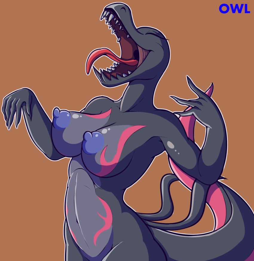 10s 2010s 2018 5_fingers anthro breasts closed_eyes creamyowl digital_media_(artwork) female fingers generation_7_pokemon hi_res nintendo nipples nude open_mouth pokemon pokemon_(species) salazzle sharp_teeth simple_background solo teeth tongue