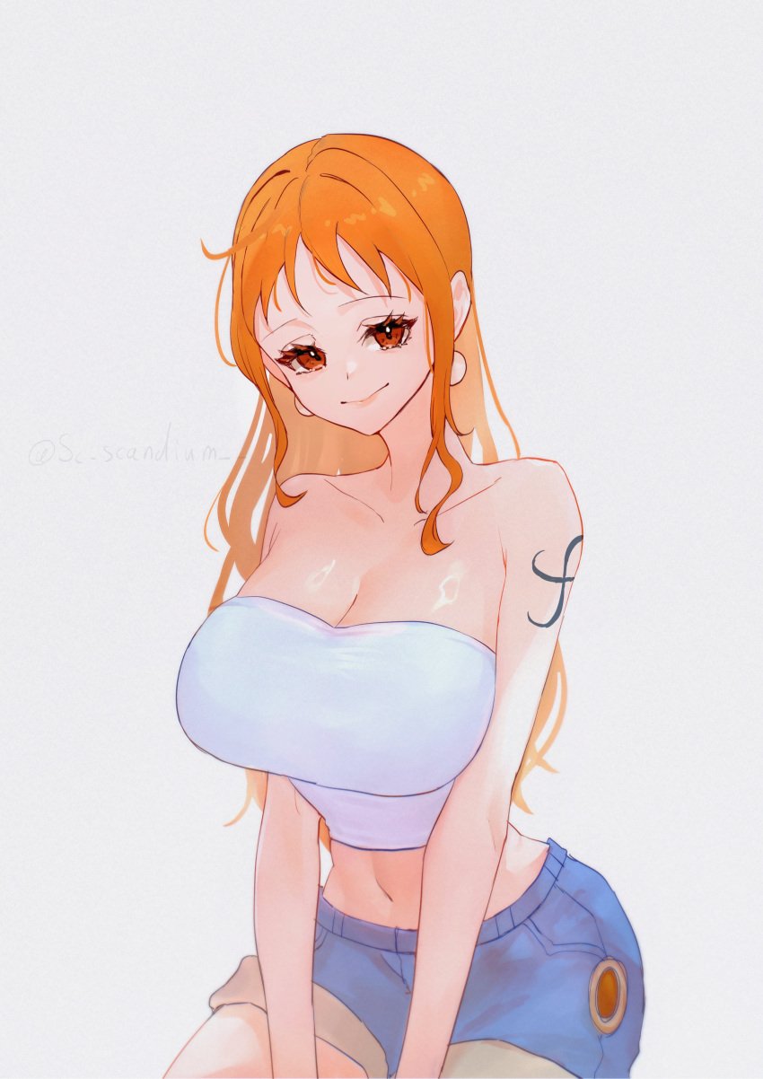 1girls artist_name bare_arms bare_shoulders big_breasts breasts brown_eyes clothed clothing crop_top curvaceous curvy curvy_female curvy_figure earrings female female_focus female_only fit fit_female hourglass_figure huge_breasts large_breasts light-skinned_female light_skin long_hair looking_at_viewer midriff nami nami_(one_piece) navel one_piece orange_hair post-timeskip sc_scandium shorts simple_background slim_waist smile solo tattoo thick_thighs thighs thin_waist v_arms white_background wide_hips