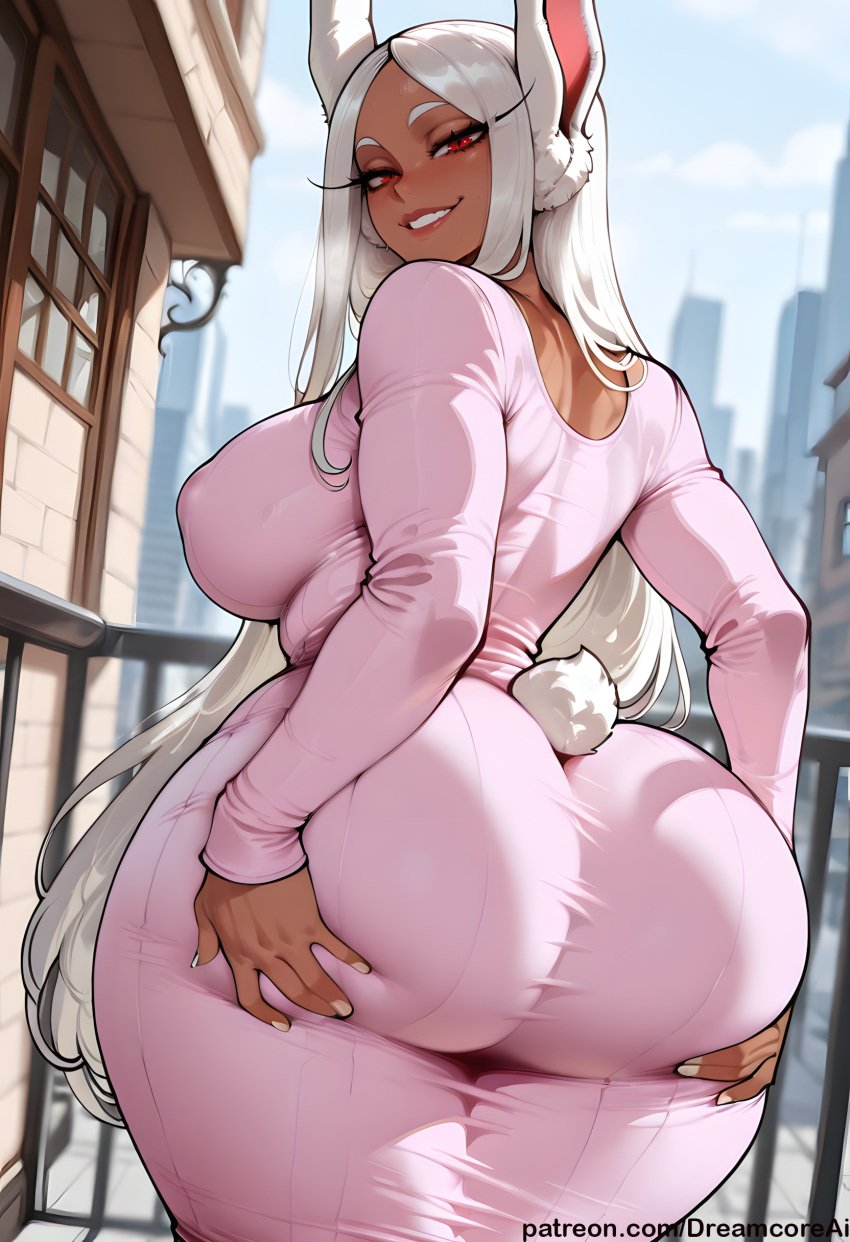 ai_generated ass_grab boku_no_hero_academia bunny_ears bunny_tail city_background dreamcoreart hands_on_ass hourglass_figure huge_ass huge_breasts long_hair looking_back looking_back_at_viewer massive_breasts mirko miruko my_hero_academia nipple_bulge pink_dress red_eyes rumi_usagiyama smirk standing thick_ass thick_thighs white_hair wide_hips