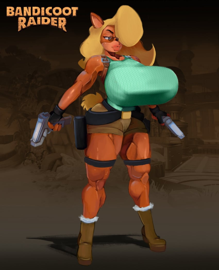 1girls activision anthro bandicoot big_breasts bimbo bimbo_lips blonde_hair breasts breasts_bigger_than_head clothing cosplay crabtopus crash_(series) curvaceous curvy curvy_figure english_text female female_only fingerless_gloves fit fit_female fully_clothed furry glasses gloves gun huge_breasts lara_croft_(cosplay) long_hair puffy_lips shorts slim_waist solo_female tagme tail tawna_bandicoot text thick_thighs tomb_raider top_heavy voluptuous voluptuous_female weapon