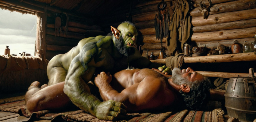 3d ai_generated bara big_muscle big_penis erection green_skin huge_cock male muscular muscular_male orc orc_male orced penis