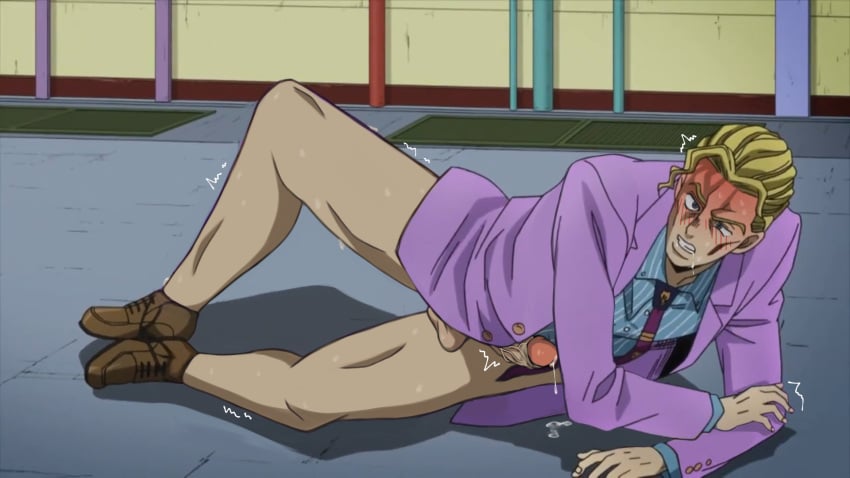 1boy 2d angry anime balls blonde_hair blush cum cumming drooling edited_screencap half-dressed horny jojo's_bizarre_adventure laying_on_side male male_only no_pants on_the_floor penis shaking shoes suit_jacket xolaryem yoshikage_kira