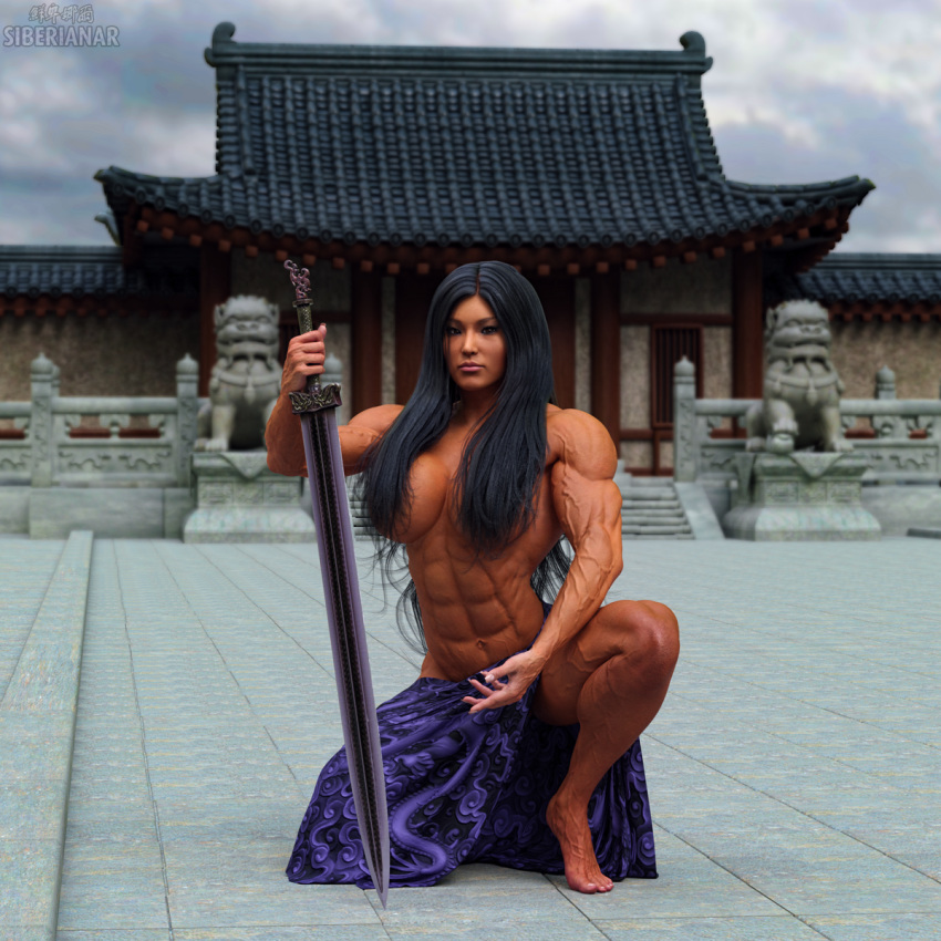 3d abs asian barefoot black_hair breasts female female_only long_hair looking_at_viewer muscles muscular muscular_female navel pose siberianar solo sword veins weapon