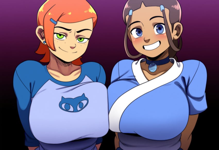 2girls ai_generated alternate_breast_size avatar_the_last_airbender ben_10 cartoon_network crossover dark-skinned_female dark_skin gwen_tennyson huge_breasts katara large_breasts light-skinned_female light_skin mullon nickelodeon novelai