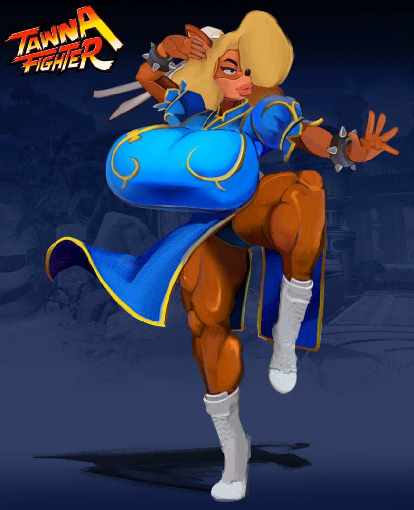 1girls activision anthro bandicoot big_breasts bimbo bimbo_lips blonde_hair blue_background boots breasts breasts_bigger_than_head capcom chun-li_(cosplay) clothing cosplay crabtopus crash_(series) curvaceous curvy curvy_figure english_text female female_only fighting_pose fit fit_female fully_clothed furry hair_over_one_eye huge_breasts long_hair puffy_lips solo solo_female standing_on_one_leg tagme tawna_bandicoot text thick_thighs top_heavy voluptuous voluptuous_female