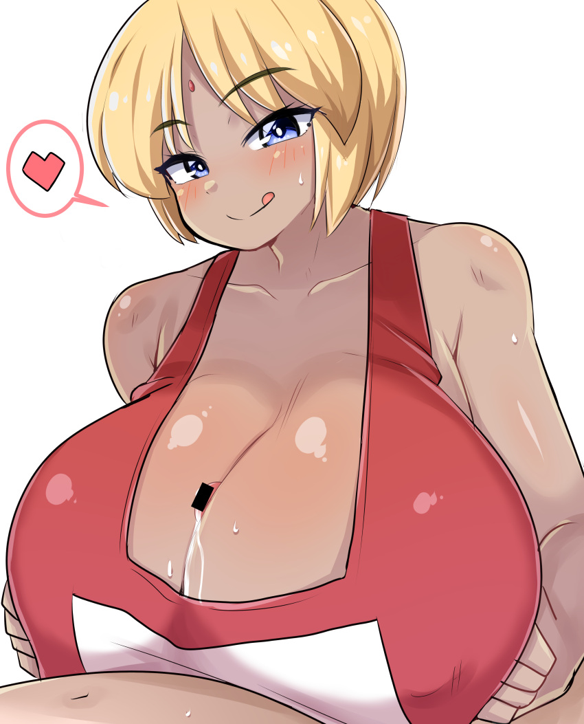 1boy 1girls :q anachronox bare_shoulders blonde_hair blue_eyes blush breast_grab breast_press breast_squeeze breasts censored cleavage clothed clothed_paizuri cum cum_on_body cum_on_breasts cum_on_upper_body dark-skinned_female dark_skin eye_contact fatima_doohan female forehead_mark gigantic_breasts heart huge_breasts large_breasts looking_at_viewer male male/female male_pov nipples nipples_visible_through_clothing norori paizuri paizuri_lead_by_female paizuri_on_lap paizuri_under_clothes penis pov precum short_hair smile smug smug_face smug_smile spoken_heart sweat