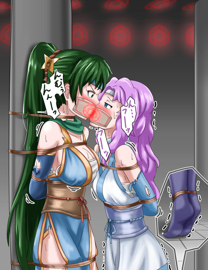 2girls alternate_costume angry annoyed arms_behind_back blush bondage bound bound_together cleavage female female_only femsub fire_emblem fire_emblem:_the_blazing_blade fire_emblem_heroes florina_(fire_emblem) florina_(ninja)_(fire_emblem) forced_kiss gag gagged gagged_together japanese_text kissing large_breasts looking_at_another lyn_(fire_emblem) lyn_(ninja)_(fire_emblem) lyndis_(fire_emblem) medium_breasts multiple_girls multiple_subs ninja nintendo rope_bondage rope_over_clothes shared_gag tape tape_gag thalter39o yuri