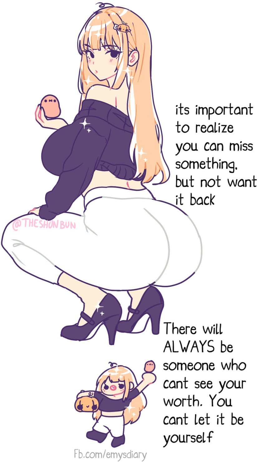 1girls advice ass ass_focus big_ass big_breasts breasts clothed crouching english_text female female_only hairpin heels high_heels human light-skinned_female long_hair looking_at_viewer original original_character shun_bun text tight_clothing watermark white_background wholesome