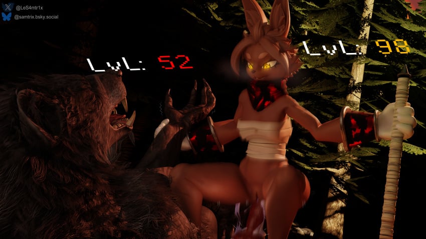 2025 amber_eyes anthro anthro_on_anthro anthro_only anthro_penetrated anthro_penetrating anthro_penetrating_anthro big_penis big_thighs bilac_(shangri-la_frontier) brown_body brown_fur brown_hair brown_skin bulge bunny bunny_girl bunnygirl cum cum_drip cum_in_pussy cum_inside female female_on_top female_penetrated femdom fit fit_female glowing glowing_eyes knot knotted_penis partially_clothed partially_clothed_female partially_nude samtrix sex shangri-la_frontier size_difference small_breasts stomach_bulge tagme tomboy visible_breath visible_pussy werewolf