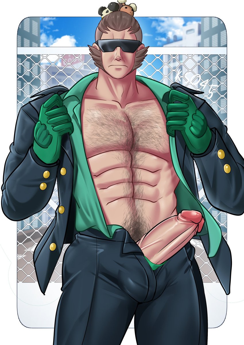 balls bara big_penis body_hair boner erection facial_hair ks045 male male_only muscles muscular nintendo open_clothes open_shirt penis penis_out pokemon pokemon_legends:_z-a sideburns solo solo_male vinnie_(pokemon)