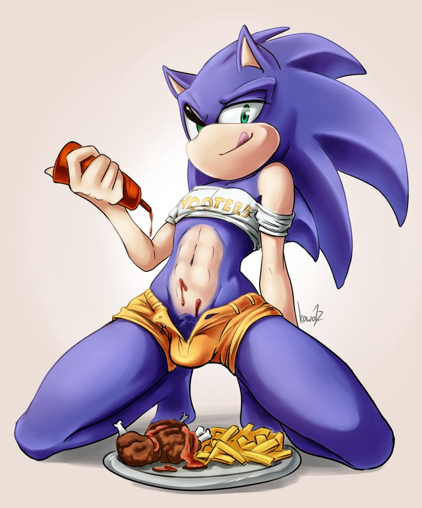 1boy alternate_body_type androgynous blue_fur bulge crossdressing femboy femboy_hooters furry girly hedgehog hooters kowoshake mammal pubic_hair sonic_(series) sonic_the_hedgehog trap waiter