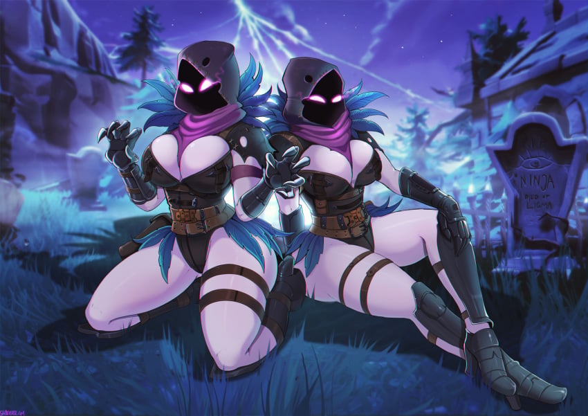 2girls cleavage female fortnite hood kneeling large_breasts purple_skin ravage_(fortnite) raven_(fortnite) rule_63 shadman sitting tagme